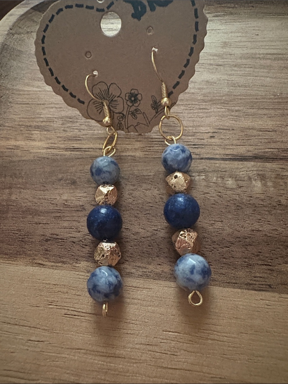 Handmade Blue and Gold Drop Earrings- Blue Sodalite, Lapis Lazuli, Lava Stone